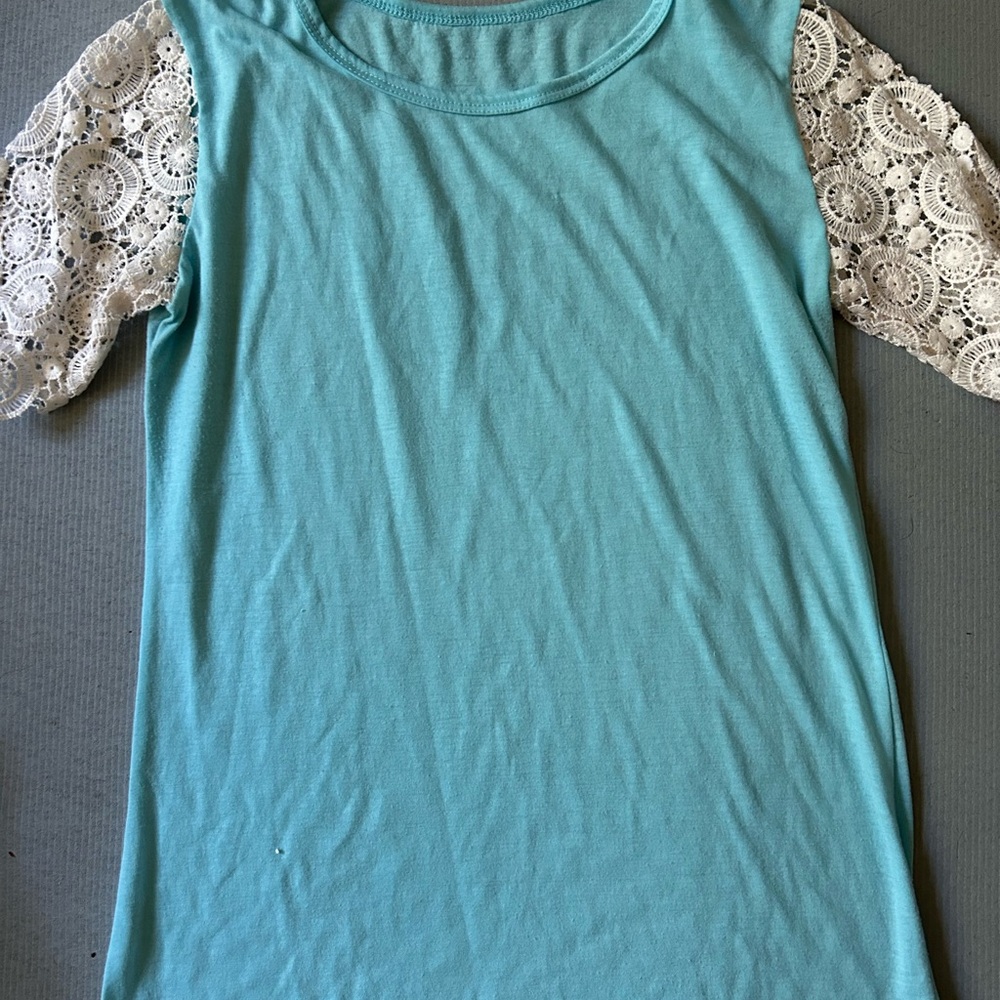 Women's Blue Top with Lace Sleeves